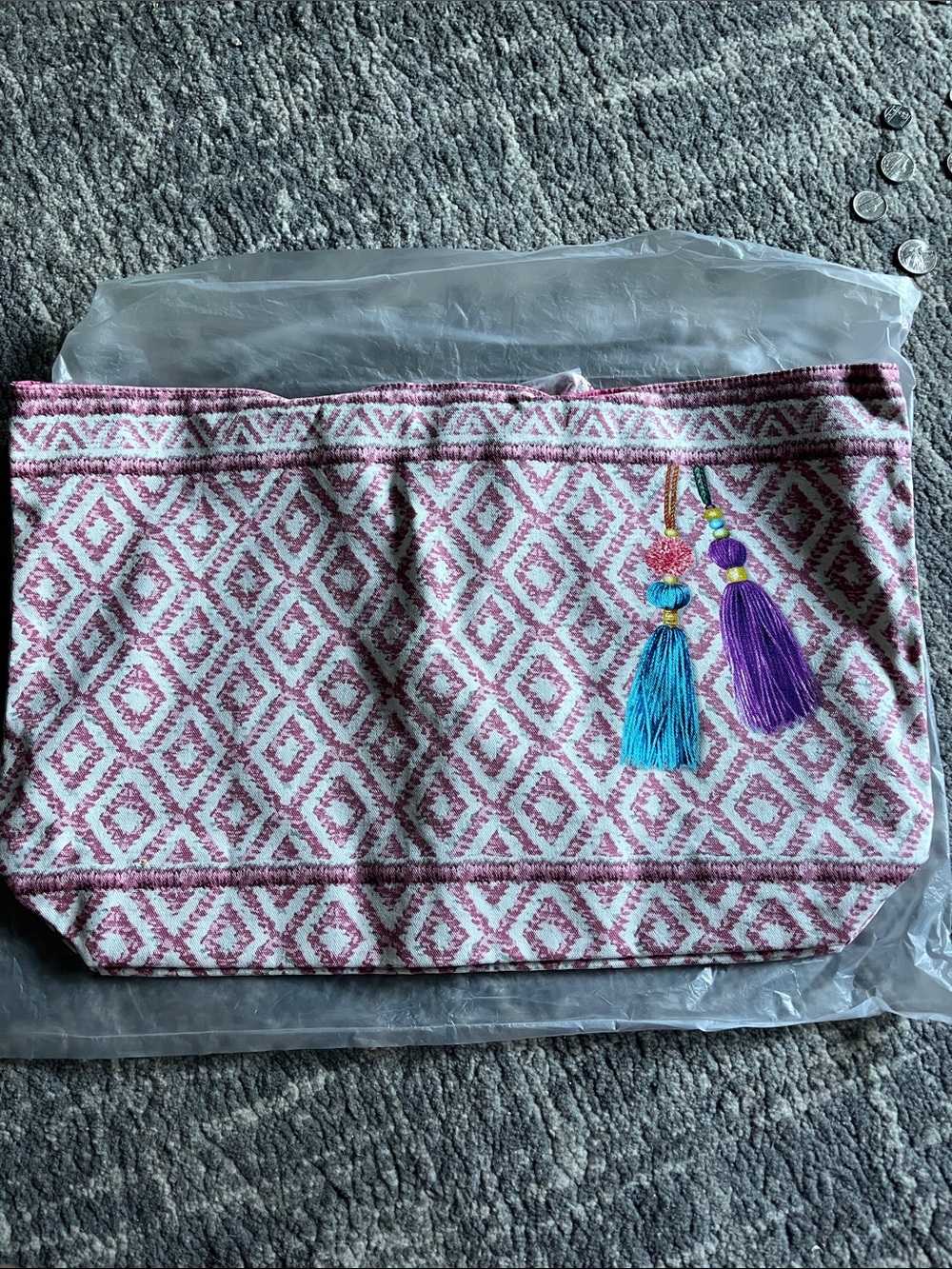 Estee Lauder Pink and White Diamond Tote with Teal and Purple Tassels
